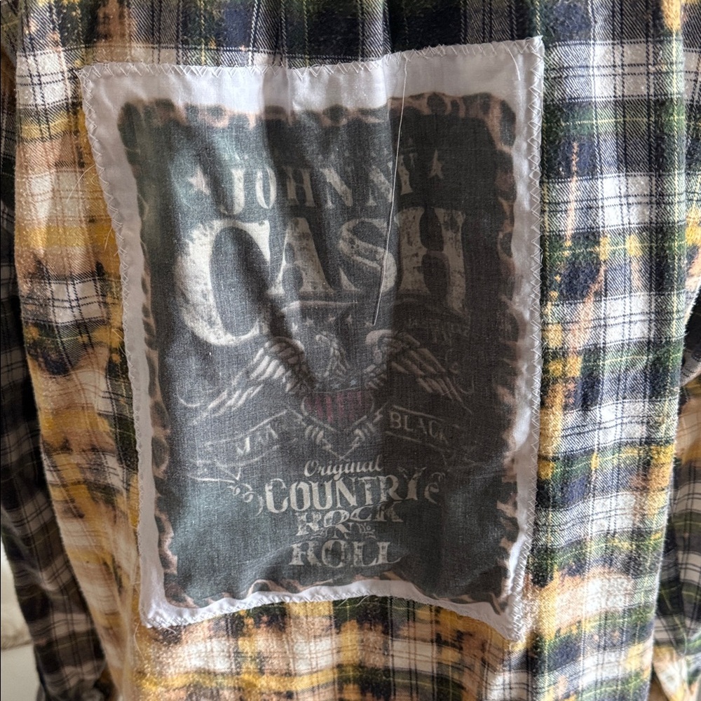 Plaid Flannel Shirt ( Bleach Accents) with Johnny Cash stitched Appliqué - Picture 5 of 8